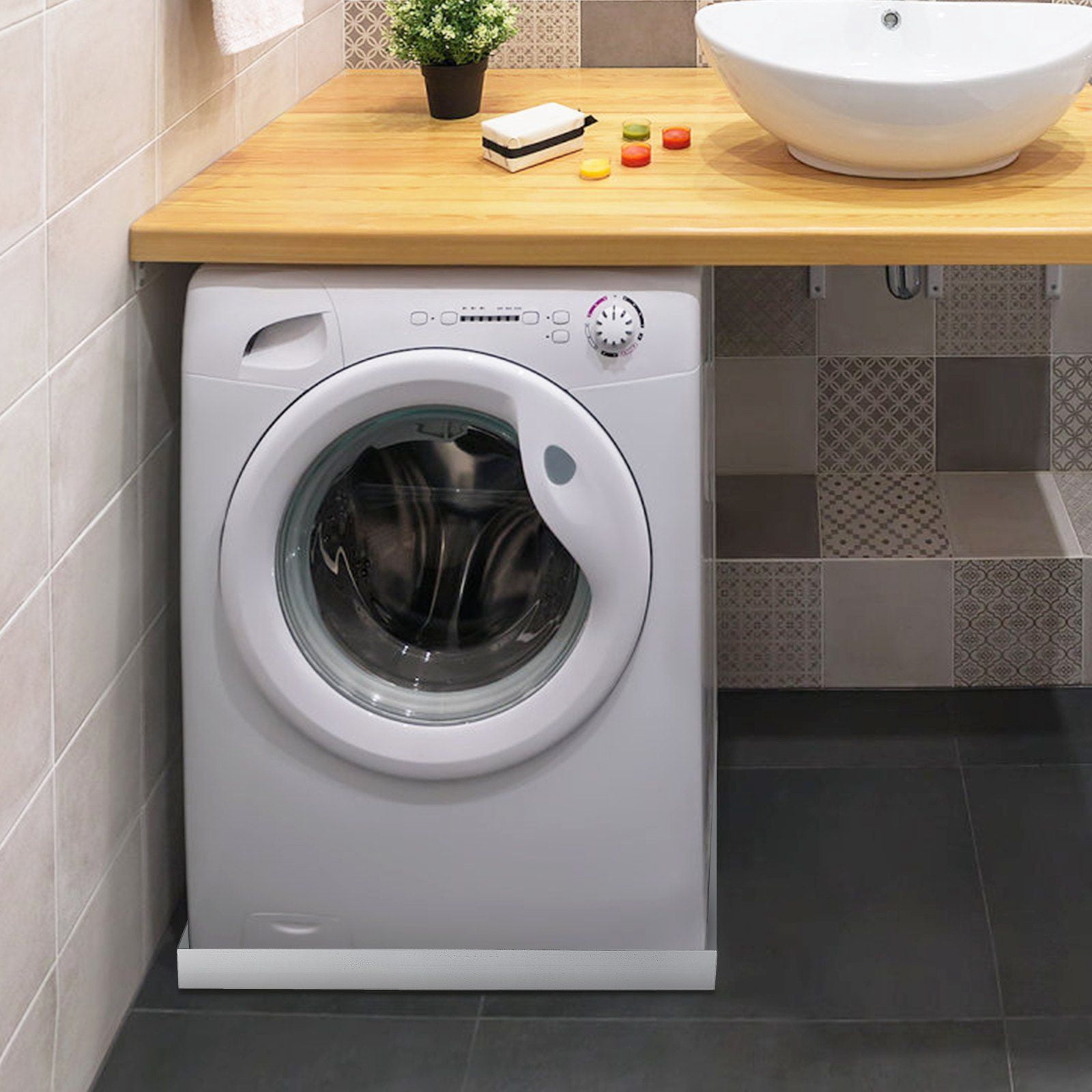 27 x 25 x 2.5 Inch Washing Machine Drain Pan Made of 304 Stainless Steel, Heavy Duty 18 GA Thickness Washer Drip Tray with Pre-Drilled Drain Hole & Hose Adapter, Compact Design