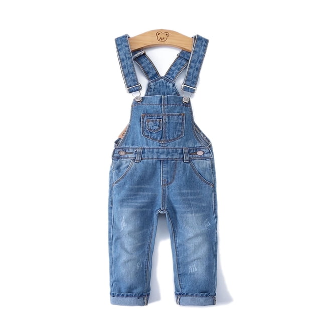 KIDSCOOL SPACE Little Girl Boy Ripped Denim Cute Slim Pants Jean Overalls,7-8 Years