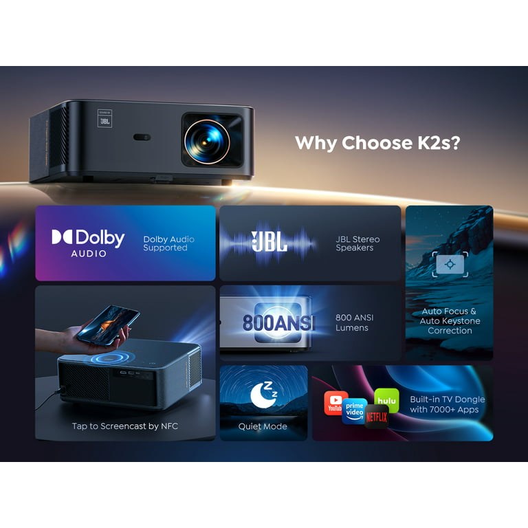 YABER K2S Smart Entertainment Projector 800 ANSI Lumens Android TV 10 JBL  Stereo Speaker DOLBY Sound Auto Focus and Keystone Correction