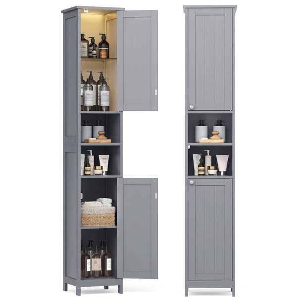 Mueble de baño VASAGLE, alto, con luces, 30 x 30 x 170 cm, color gris tórtola