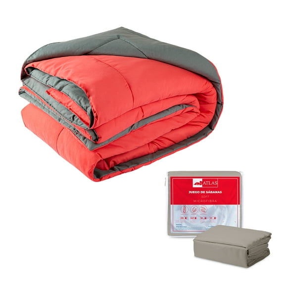EDREDON C/ FUNDA DECORATIVA 2 VISTAS CORAL / GRIS OBSCURO MAT + SABANAS GRIS ATLAS