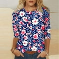 thumbnail image 2 of Women's Floral T-shirts Loose Plus Size Casual 3/4 Sleeve Tops Flowers Print Graphic Tees Summer Fall Tshirts (M, Blue), 2 of 5