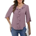 thumbnail image 3 of UVN Chiffon Blouses for Women Dressy Ruffle V Neck Tops Summer Casual 3/4 Sleeve Shirts, 3 of 10