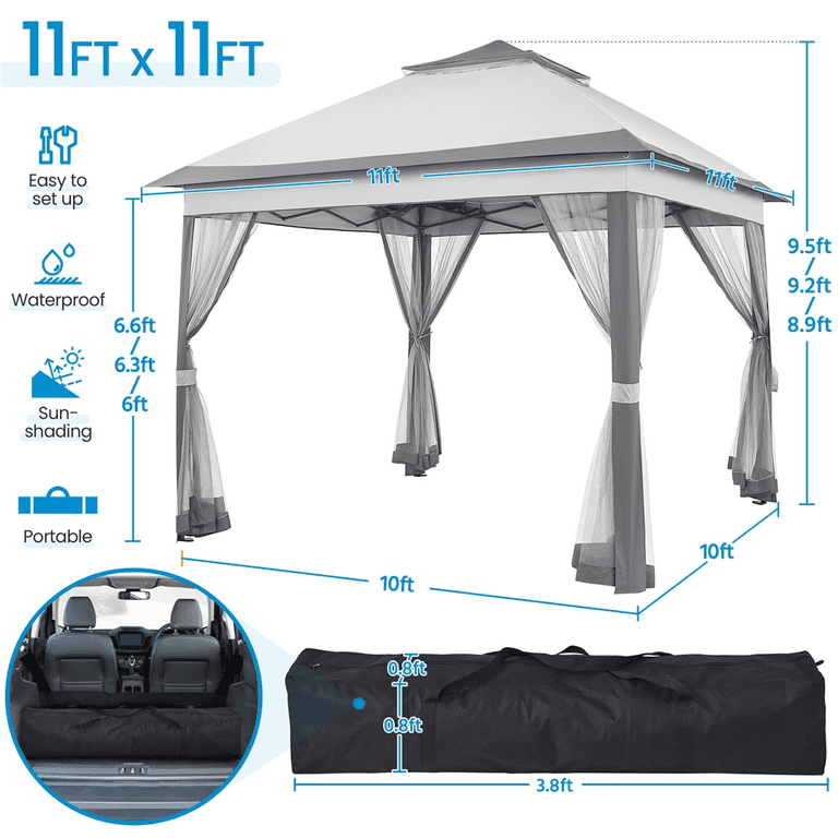 Alden Design 11x11 FT Pop-Up Gazebo with 4 Mesh Sidewalls for Outdoor, Light Gray Alden Design 11x11 FT Pop-Up Gazebo with 4 Mesh Sidewalls for Outdoor, Light Gray
