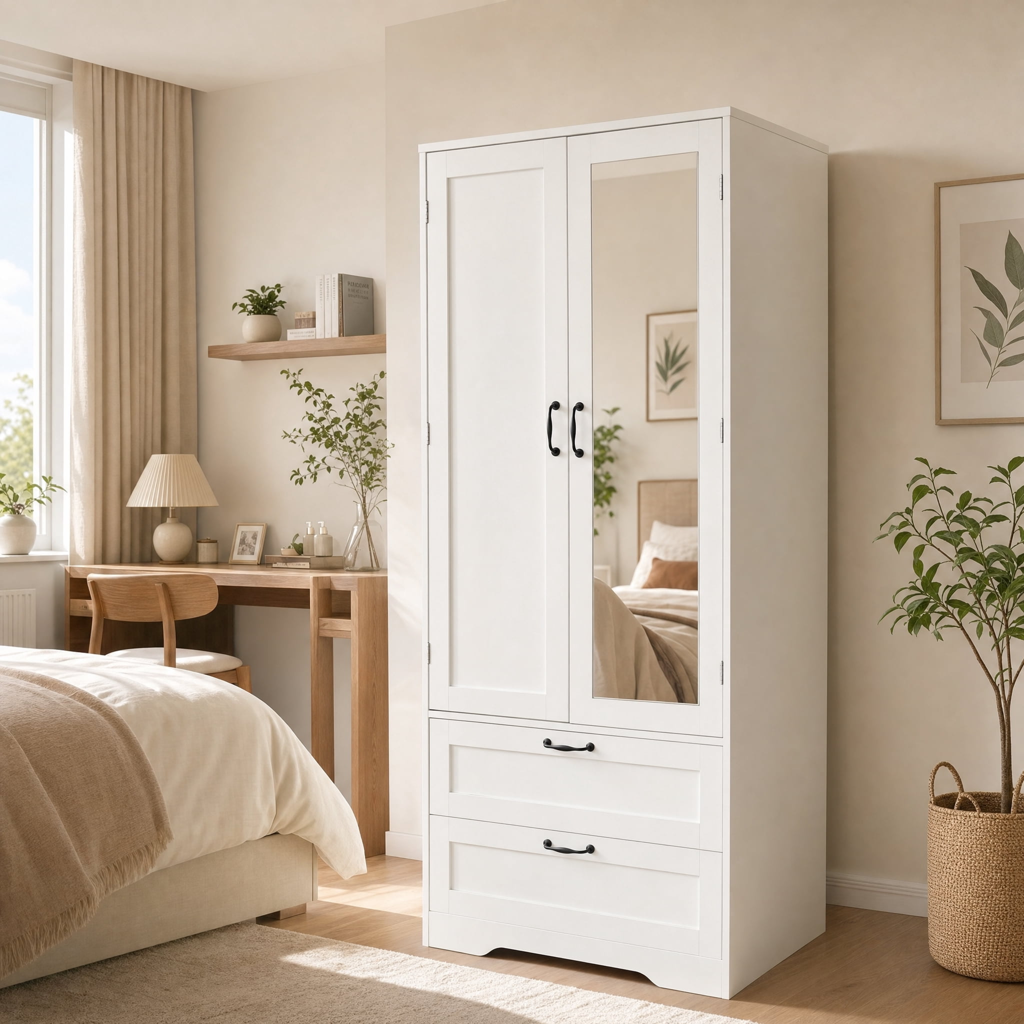 Hodedah Two Door Wardrobe with Two Drawers and Hanging Rod, White