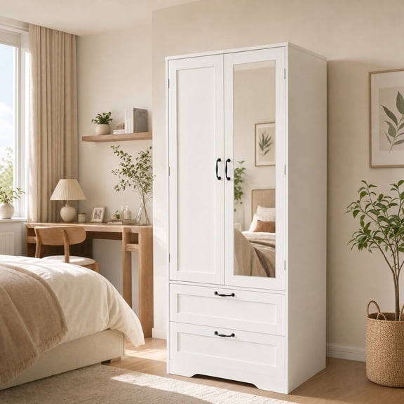 Wood Wardrobe Closet with Shelves and 2 Drawers,Freestanding Armoire Storage Cabinet for Hanging Clothes,Bedroom Wardrobe with Doors
