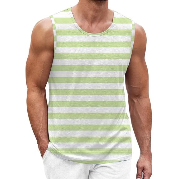 Tank Tops Men Summer Sleeveless Striped T Shirts Crewneck Athletic Casual Loose Workout Athletic Breathable Vests Green L