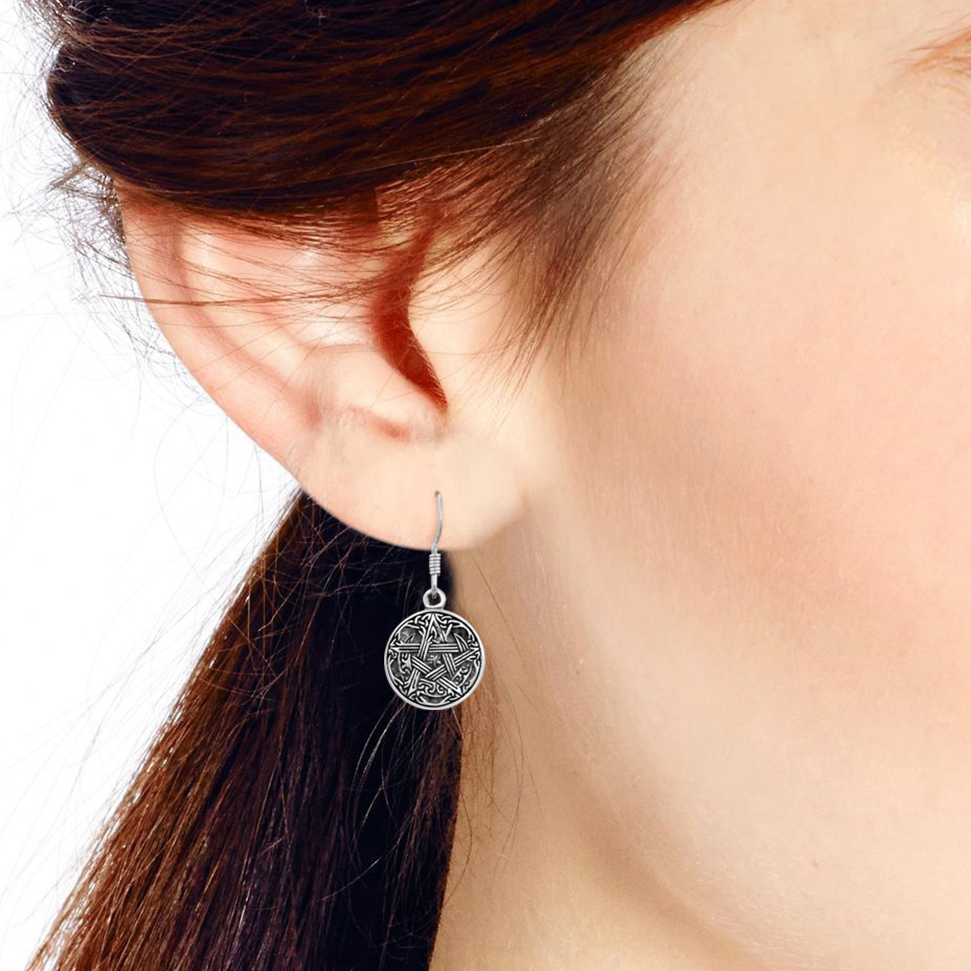 AeraVida Stylish Supernatural Pentacle Celtic Art Round Sterling Silver Fish Hook Dangle Earrings Edgy Goth Inspired Unique Jewelry Gifts for Women