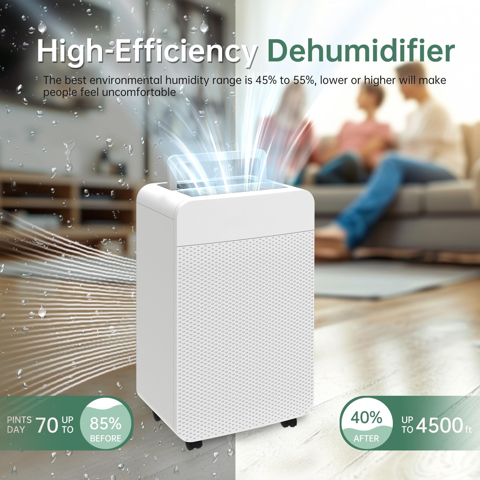 Kcpolre 80 Pint Dehumidifier for Homes, Basements & Large Rooms, Dehumidifier with drainage hose, Auto Defrost, 24H Timer, Child Lock