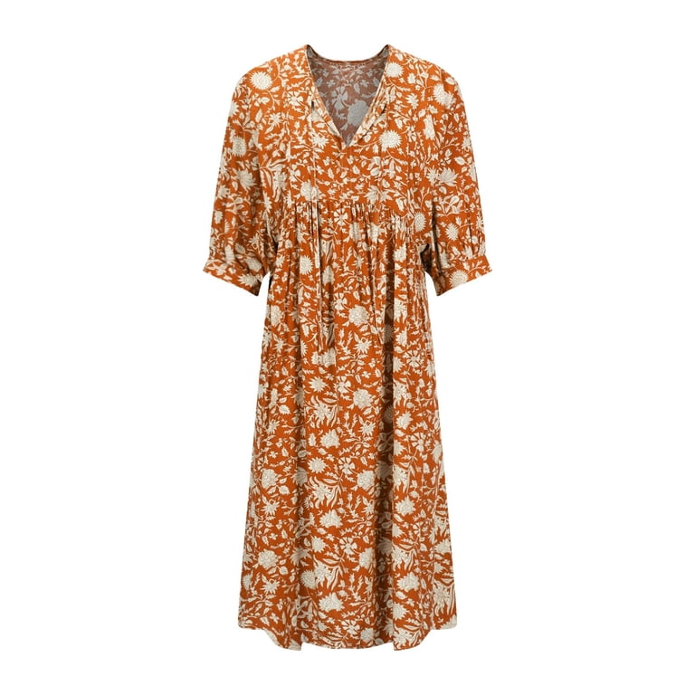 Womens Floral Dress Women's Fall Winter Casual Long Sleeved Solid Color  Loose V Neck Fashionable Comfortable Midi Flattering Dresses to Hide Tummy  Orange S-2XL - Walmart.com