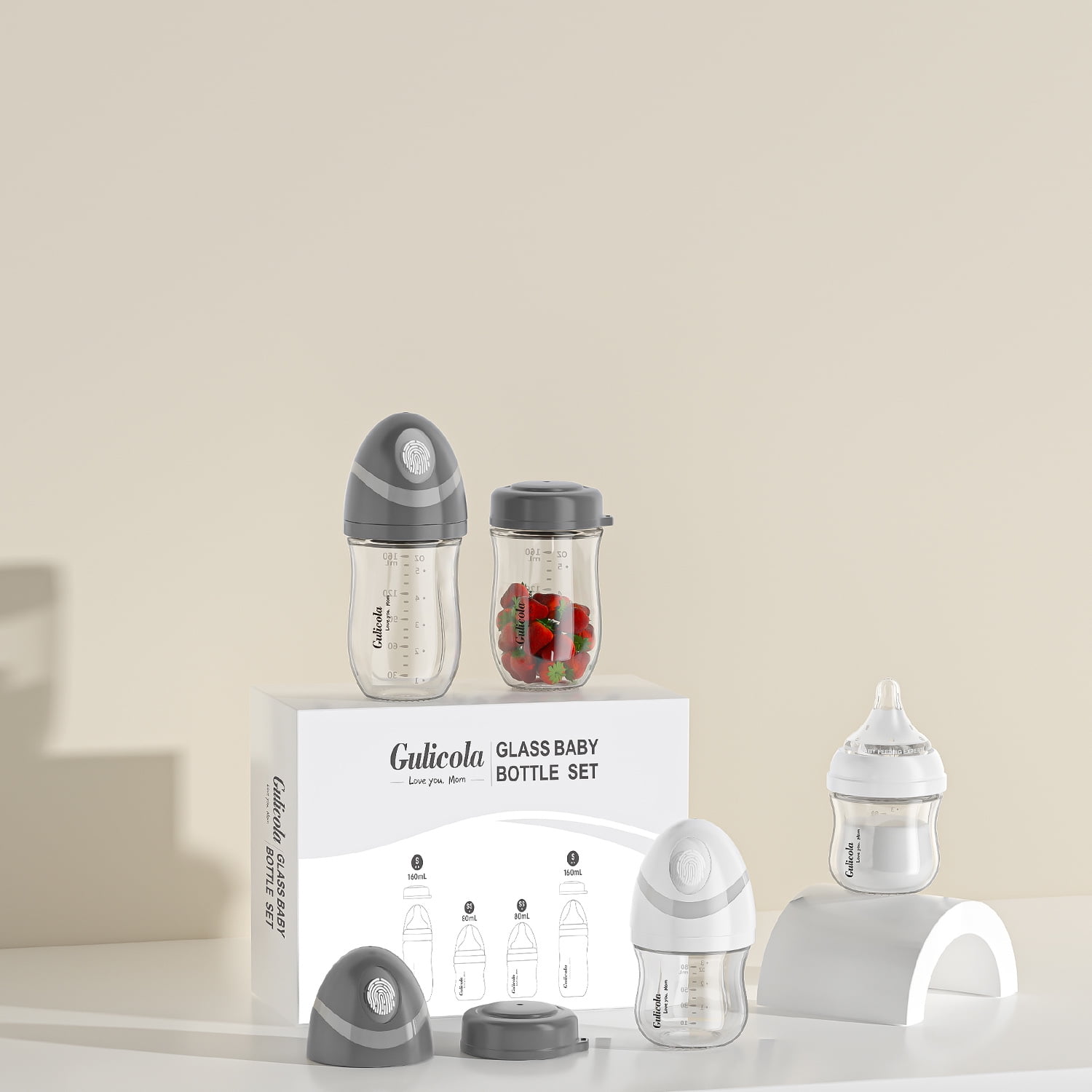 Gulicola Natural Glass Baby Bottles Set 4 Pack, Newborn Boy Breastfeeding Bottles with Slow Flow Nipples, 0 Months+, 3 oz & 5 oz - Black/White