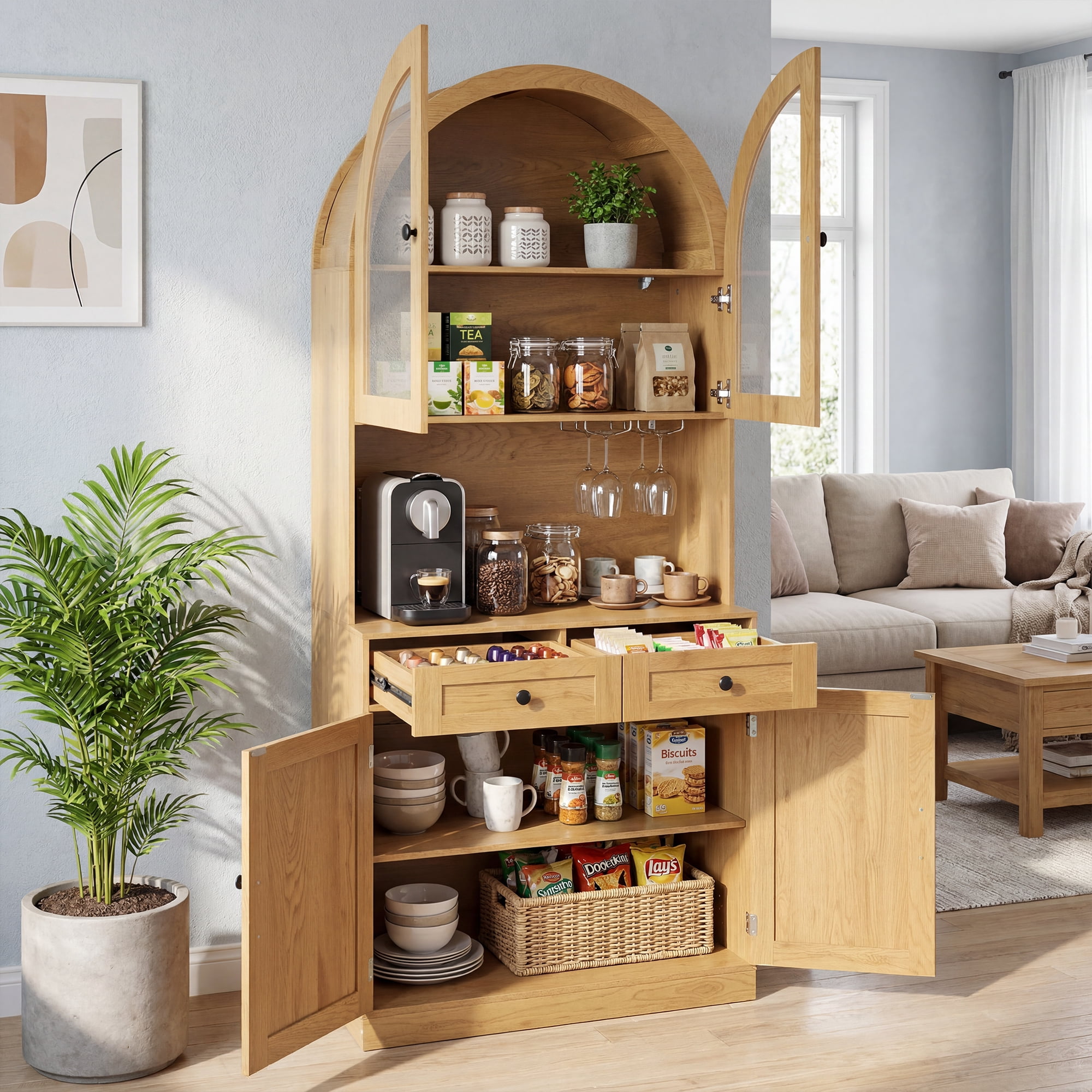 Leumius 75" Farmhouse Tall Arched Pantry Cabinet with Charging Station, Adjustable Shelves, Coffee Bar with Open Countertop for Kitchen, Dining Room, Living Room, Oak