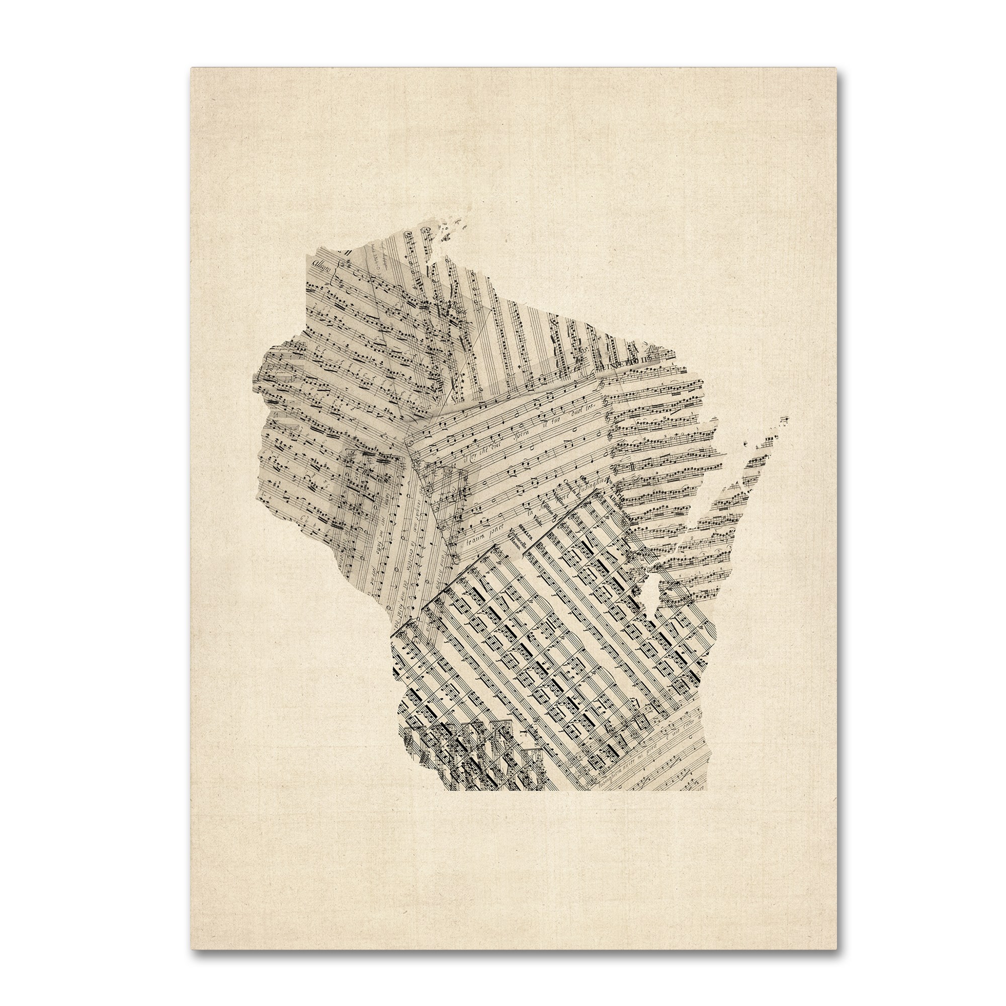 Trademark Fine Art "Old Sheet Music Map of Wisconsin" Canvas Art by Michael Tompsett