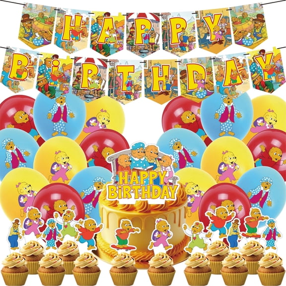 32 PCS For The Berenstain Bears Cartoon Themed Party Decorations and Favors Set – Banner, 18 Balloons and 13 Cupcake Toppers for Celebration Birthday Parties Supplies