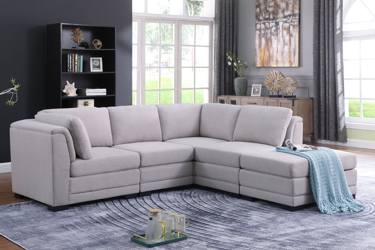 Kristin Light Gray Linen Fabric Reversible Sectional Sofa with Ottoman ...