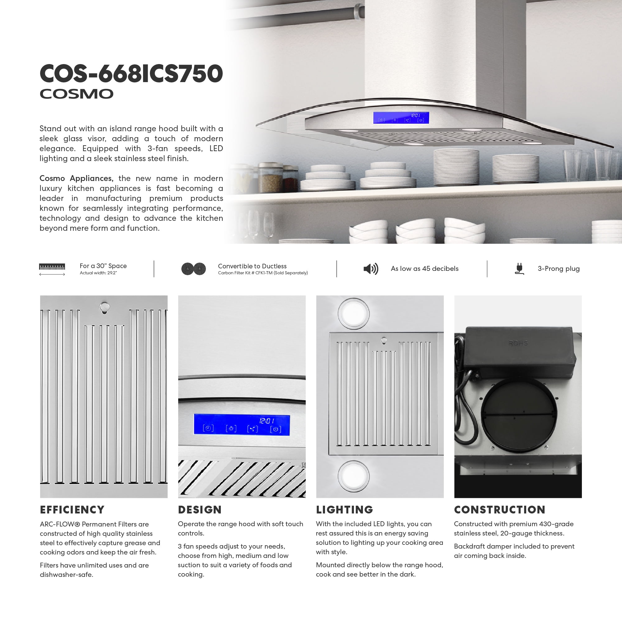 Cosmo 30 in. Ducted Island Range Hood in Stainless Steel with LED Lighting and Permanent Filters