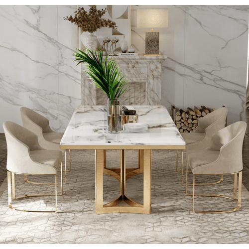 Bura Modern Marble Dining Table with Rectangular Tabletop Gold Stainless Legs, for Kitchen and