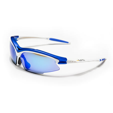 Luna Sky Running Cycling Sunglasses with Hard Protective Case (Blue Revo Lenses, White/Blue Frame) with Gray Interchangeable
