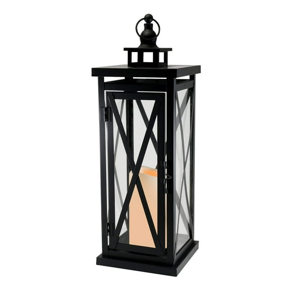 LumaBase Metal Lantern with Battery Operated Candle - Black Crisscross