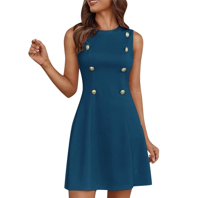 FcBaudy Robe Sans Manches Col Rond, Robes d'Été pour Femmes, Robes Femmes Robe Élégante Décontractée Sans Manches Boutonnée Couleur Unie