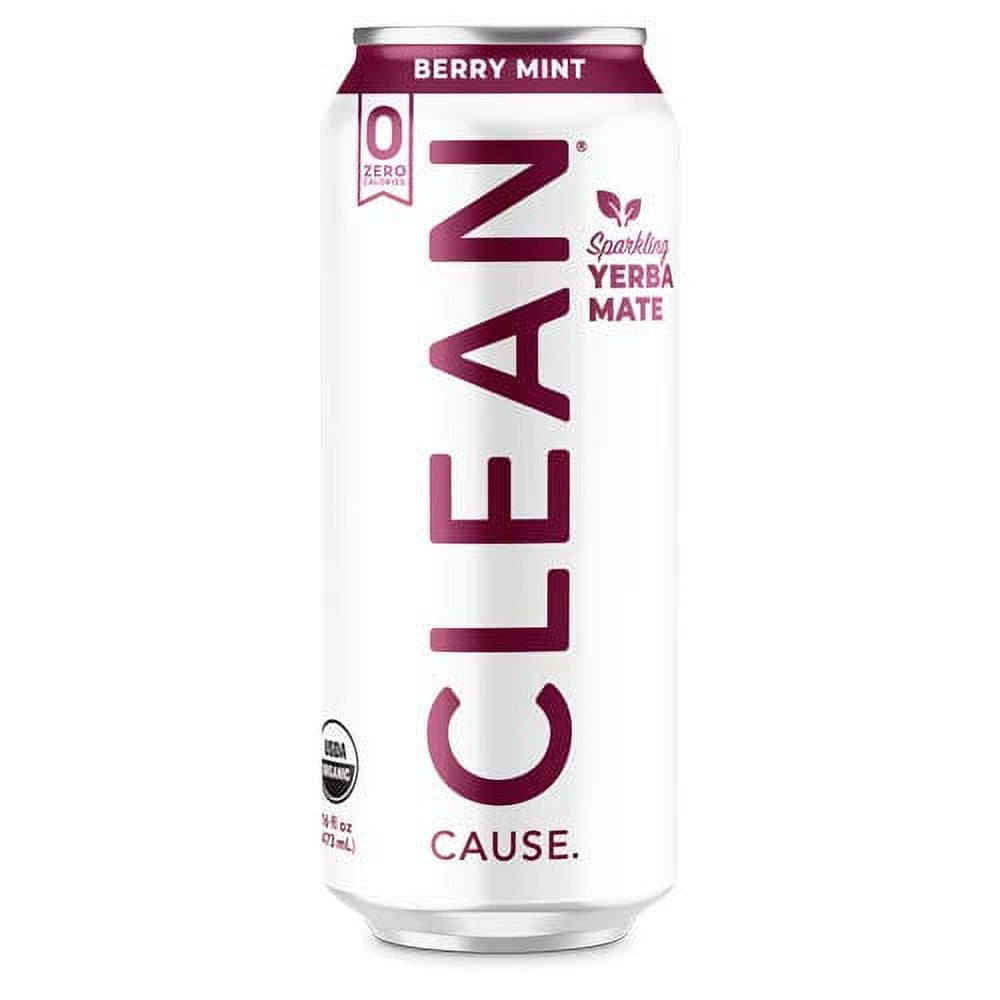 Berry Mint Organic Sparkling Yerba Mate Tea Zero Calorie Zero Sugar Zero Guilt 160mg Caffeine 16oz cans 12 pack CLEAN Cause 50 Profits Support Alcohol Drug Addiction Recovery