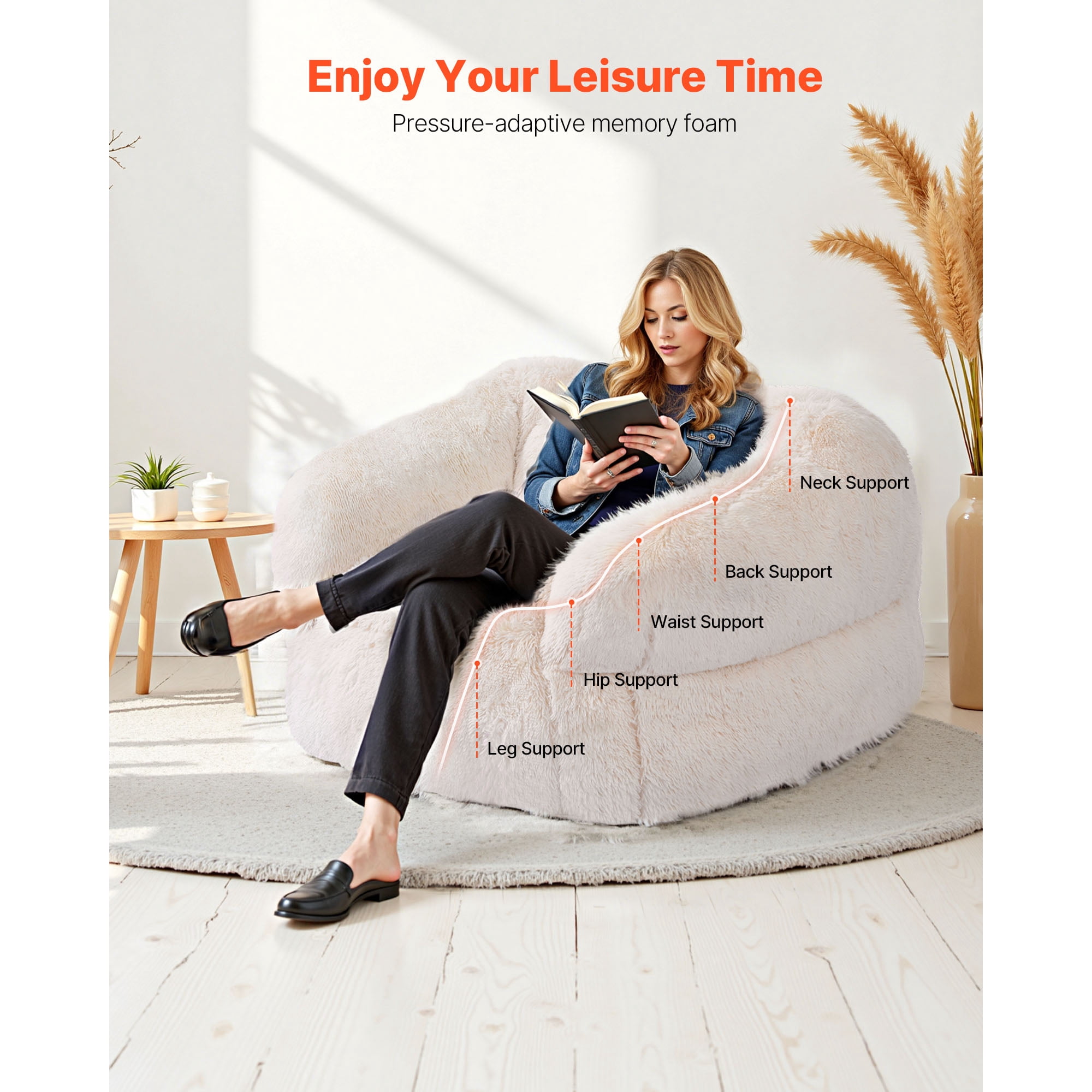 KFFKFF Bean Bag Chair with Armrests, Plush Sofa Chair for Adults, Soft Fabric & High-Density Foam Filling, Comfortable Lounge Chair for Living Room or Bedroom, Beige