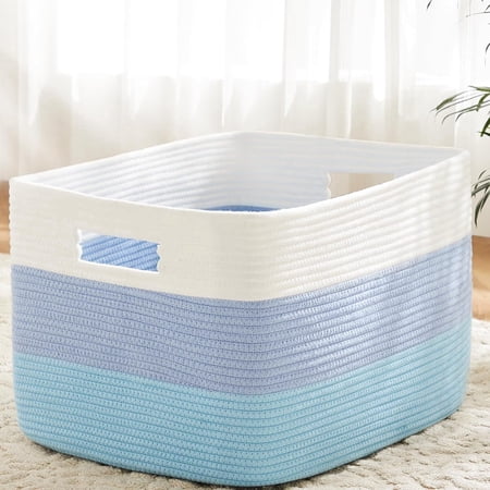 Rectangle Woven Baskets for Storage, Laundry Basket for Decorative Nursery Blanket,Toys,Dirty Clothes and Magazine in Shelves,Baby Room,and Living Room-Blue