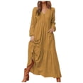thumbnail image 1 of Vestido largo vintage de manga larga de lino para mujer - Vestido informal con falda acampanada y botones en la parte delantera, 1 of 4
