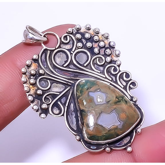 Rainforest Jasper Gemstone 925 Sterling Silver Designer Pendant 2.07" A364, Christmas Gift, Gemstone Silver Jewelry, Jasper Pendant, New Year Sale