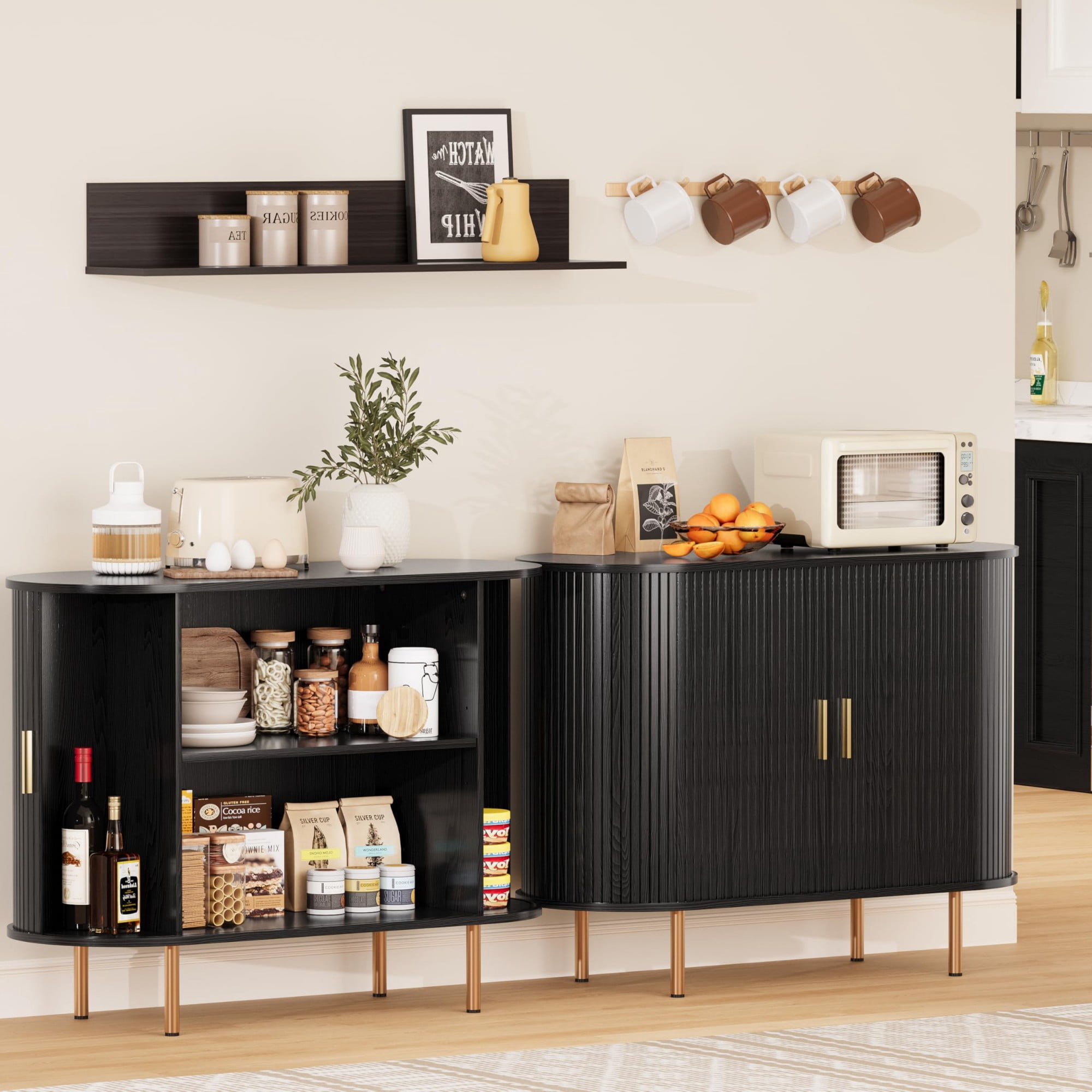 Mid Century Modern Sideboard Buffet Cabinet, 39 Inch Fluted Coffee Bar Console with Tambour Sliding Doors, Black