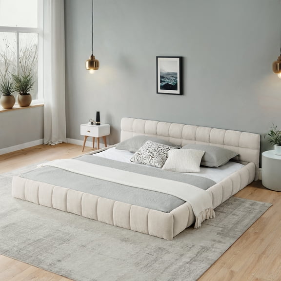 California King size Upholstered Bed Frame,Chenille Fabric Grounded Platform Bed with Headboard and Solid Frame,No Box Spring Needed, Beige