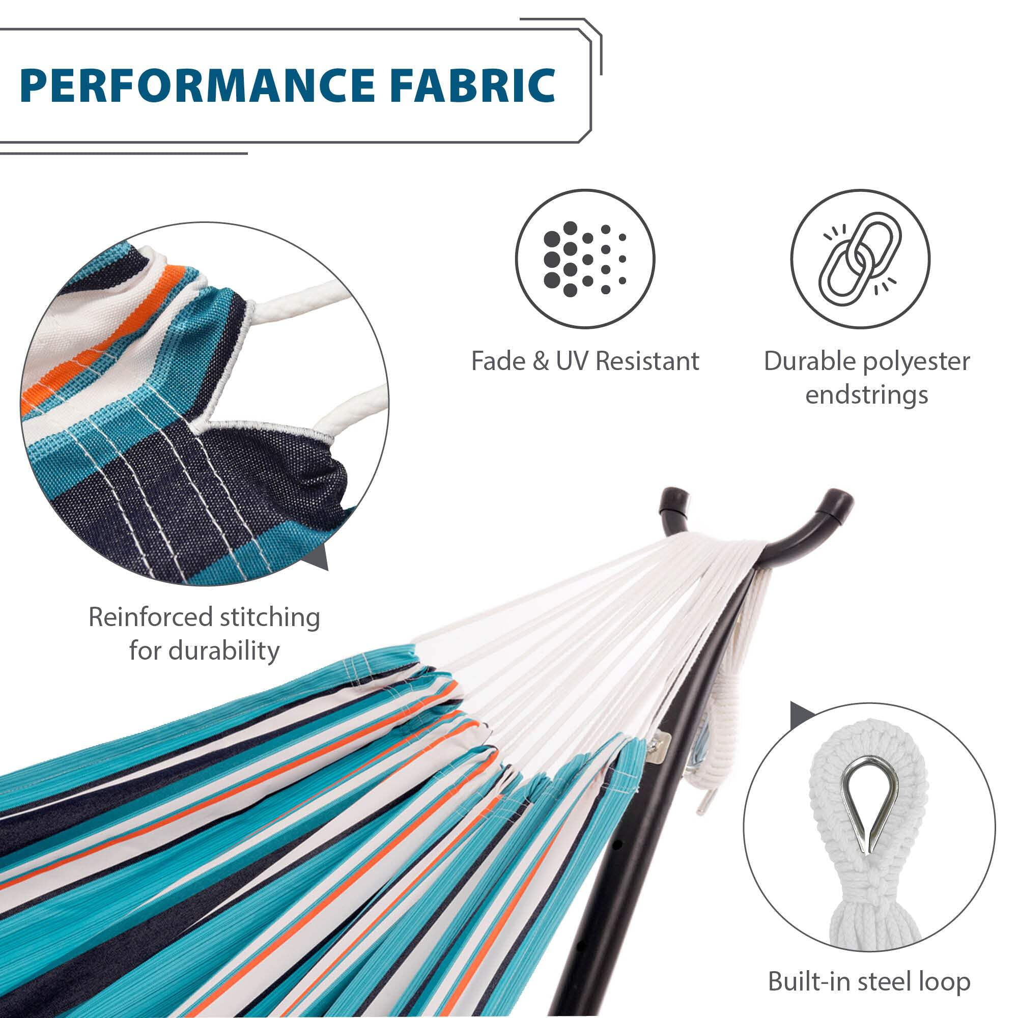 Vivere Double Sunbrella Hammock with Steel Stand, Portable Outdoor Lounge, Token Surfside