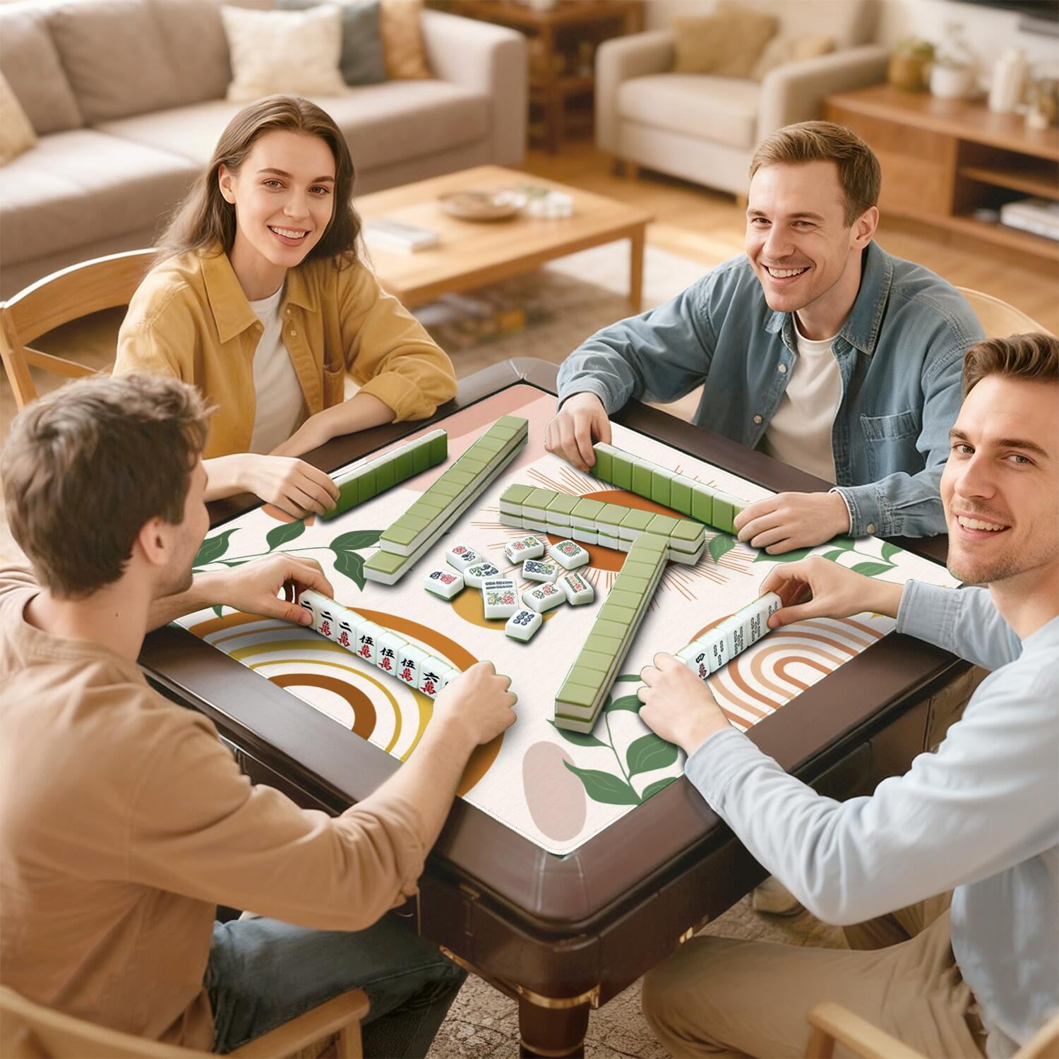 Boho Mahjong Mat for Table, 31.5*31.5in Anti Slip American Mahjong Table Cloth, Noise Reduction, Neoprene Mah jongg Mat with Carrying Bag & 3 Dices, Mahjong Accessories Gift for Board Tile Games Mats