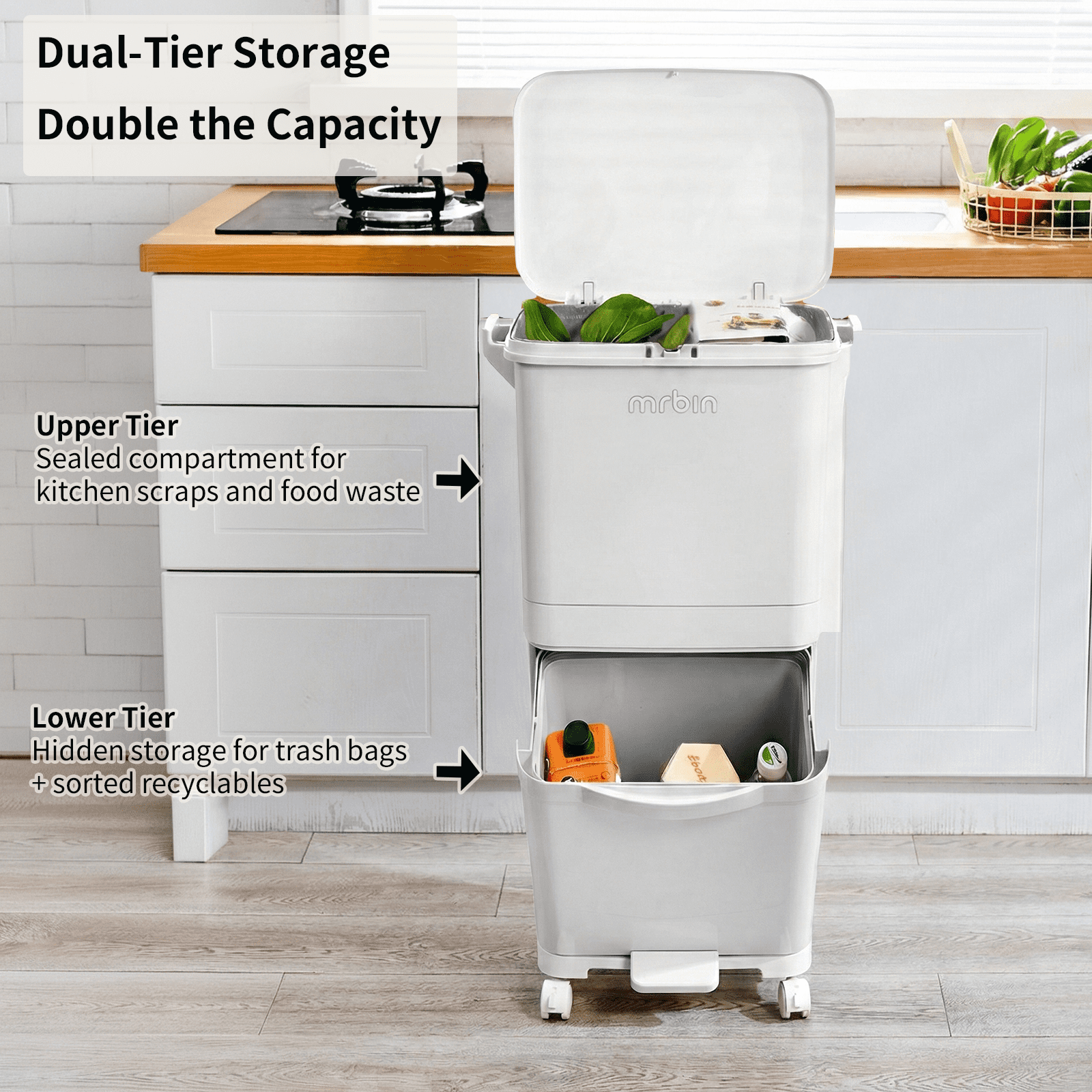MRBIN Double Trash Can Kitchen with Wheels, 38L / 10 Gallon (24+14L), 2 Layer Large Garbage Can with Lid Recycle Bin Combo Compartment Kitchen Waste Bin, Beige