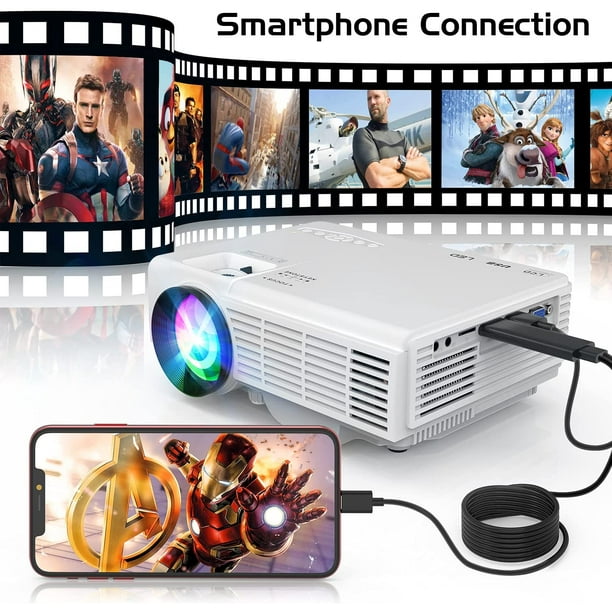 Mini projecteur portable, projecteur de camping à domicile, projecteur LED  1080p, compatible smartphone/PS4, cadeau pour enfants (noir et bl