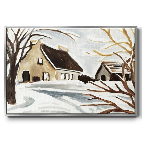 Winter Cottage II - Framed Gallery Wrapped Holiday Canvas - 17 x 25 - Silver Frame