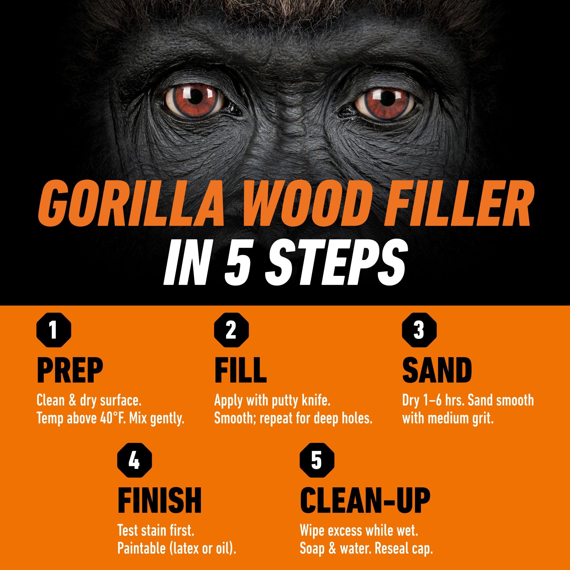 (6 pack) Gorilla All Purpose Wood Filler, Natural Finish, 16 Ounce Tub - Water Resistant for Indoor or Outdoor Projects and Repairs