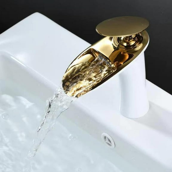 Waterfall Faucet Bathroom Sink, Solid Brass, Hot and Cold Water Mixer Tap, Single Handle Waterfall Bathroom Sink Faucets, White, Short