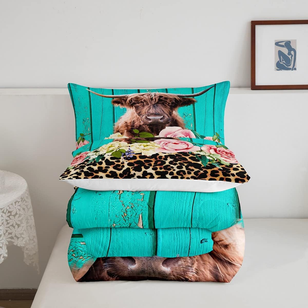 Highland Cow Full Size Comforter Set Western Bull Cattle Bedding Farmhouse Quilt Rose Grey Marble Walmart