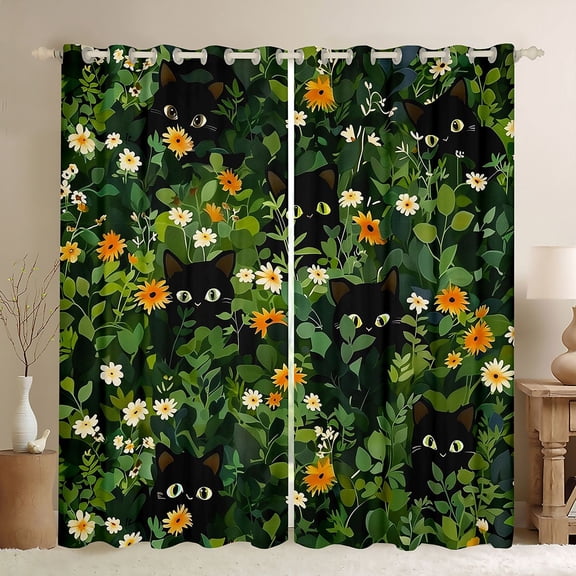 Feelyou Kawaii Black Cat Blackout Curtains Set of 2 (52x84 Each) for Teens, Green Garden Plant Window Curtains, Cartoon Animal Curtains and Drapes, Black Out Curtains Decor