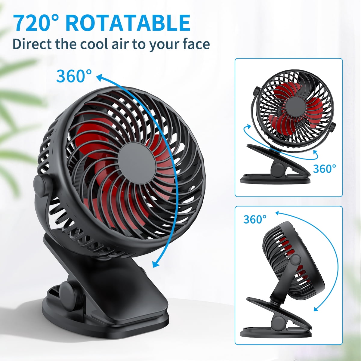 2024 New USB Clip on Fan, 3 Speeds Rechargeable Battery Operated Mini Fan with Sturdy Clamp, Upgraded Quiet and Strong Wind USB Desk Fan for Outdoor Camping Stroller Office Bedroom