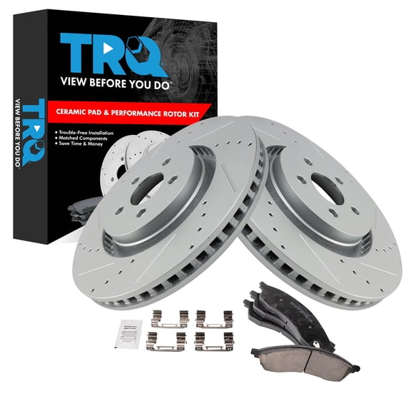 TRQ Front Brake Pad and Rotor Set Ceramic G Coated Slotted Drilled Rotors Fits 2022 Ford Edge 2021 Lincoln Nautilus