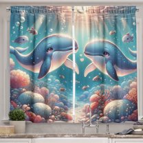 Ambesonne Whale Kitchen Curtains, Aqua Art Deep Ocean Cartoon, 55"x36", Sea Blue and Coral