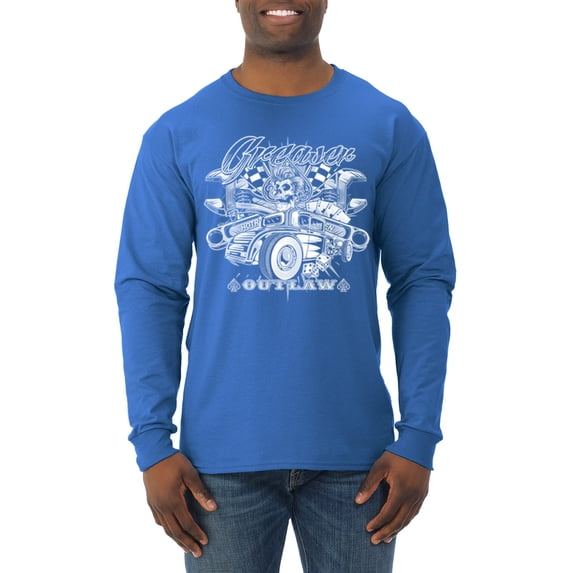 Wild Bobby, Greaser Outlaw Hot Rod Gambling Mechanic Pop Culture Mens Long Sleeve Shirt, Royal, Small