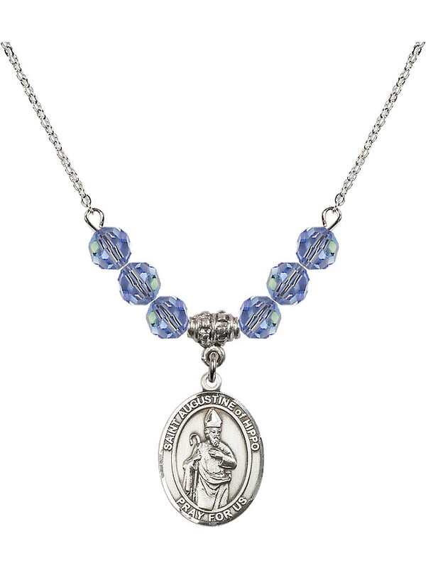 18-Inch Rhodium Plated Necklace with 6mm Garnet Birthstone Beads and Sterling Silver Saint Augustine of Hippo Charm. 