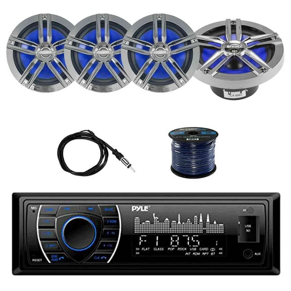 PYLE PLRMR27BTB Marine Receiver Stereo(Black) with Enrock EM265C Marine 2-Way 180W 6.5" Water-Resistant Loudspeaker(2-Pairs), Enrock EKMR2 Marine Antenna & Enrock Marine 50' 16G Speaker Wire