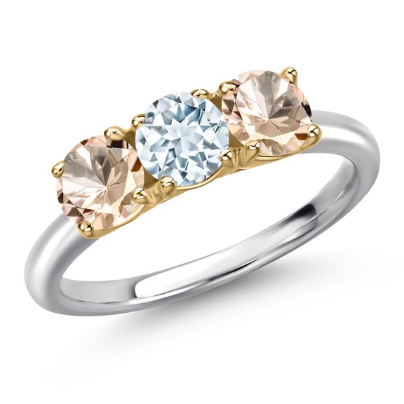 Gem Stone King 10K Two Tone Gold Sky Blue Aquamarine and Peach Morganite Engagement Ring for Women | 1.30 Cttw | Round 5MM | Gemstone March Birthstone | Size 8