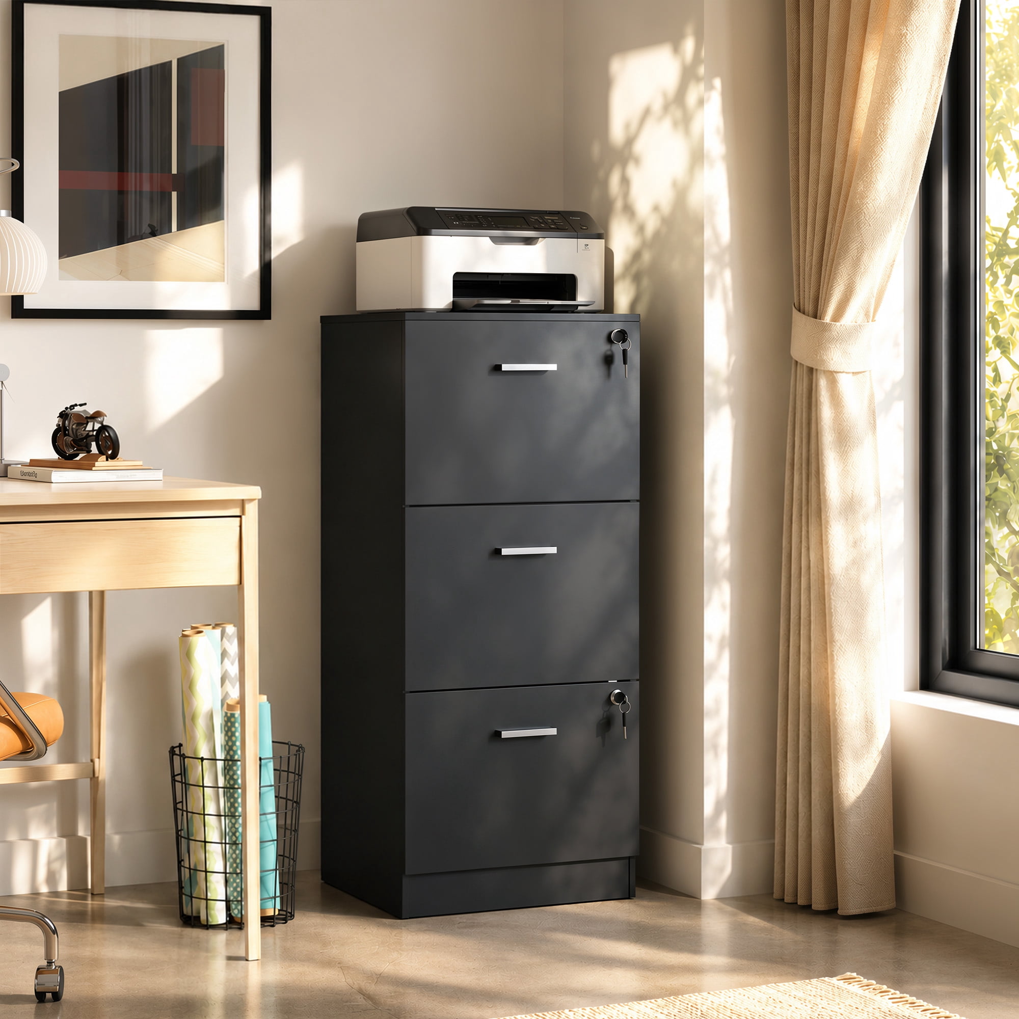 GALAXHERO 3 Drawers File Cabinets, Wood Vertical Filing Cabinet with Lock for Home Office, Letter/A4 Size, Black