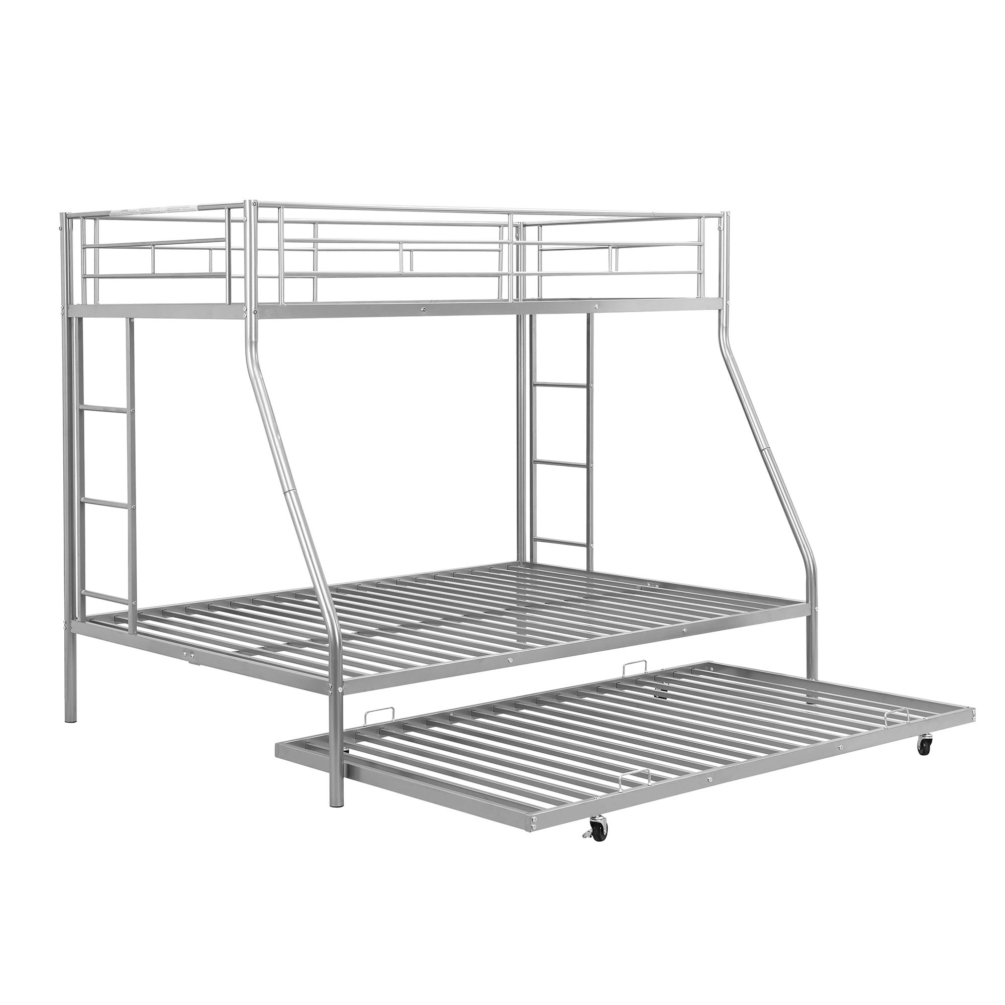 Euroco Metal Twin over Full Bunk Bed with Moveable Trundle & 2 Ladders for Bedroom, 3 Beds for Kids Teens Adults and Guests, Silver