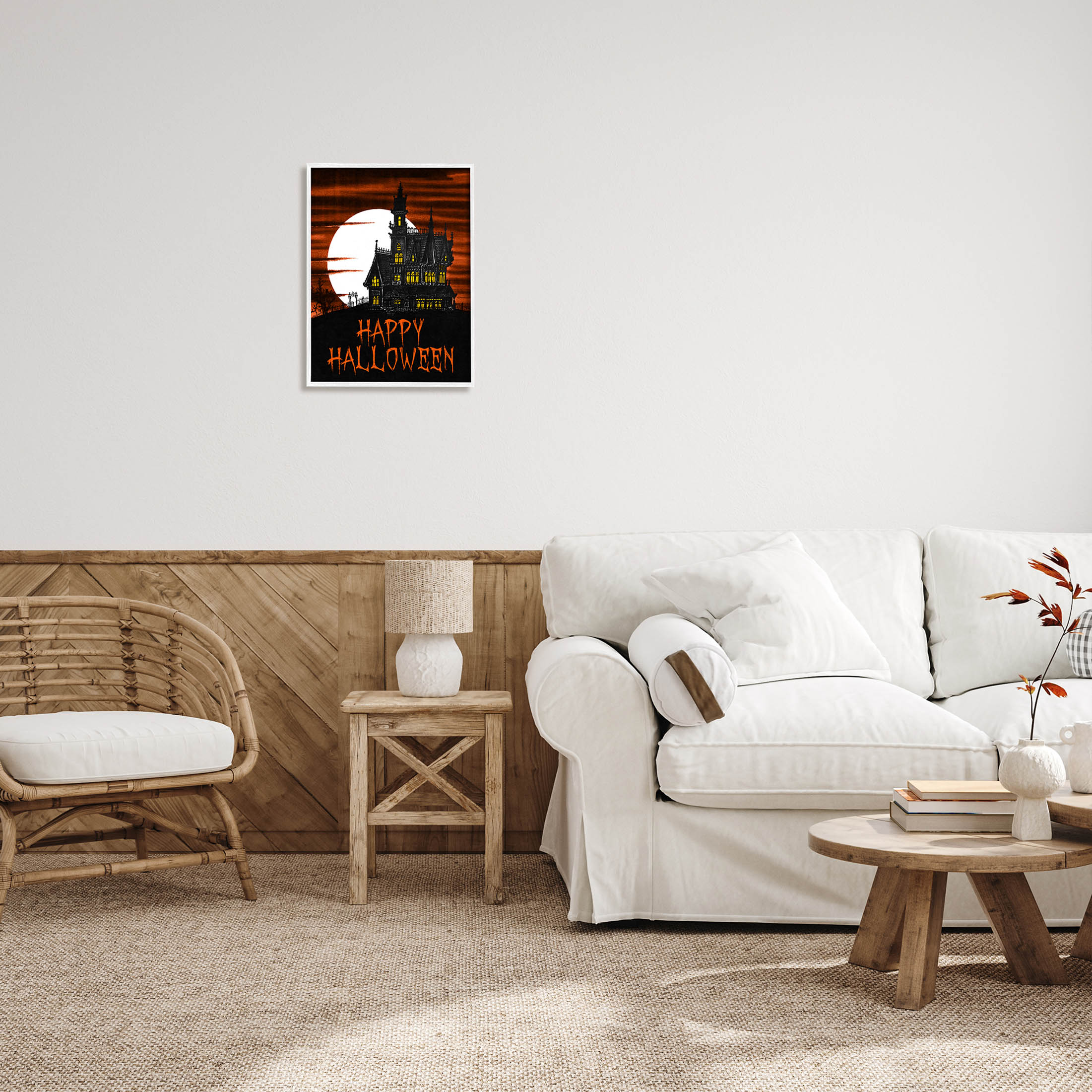Stupell Industries Happy Halloween Haunted House Graphic Art White Framed Art Print Wall Art, Design by The Saturday Evening Post
